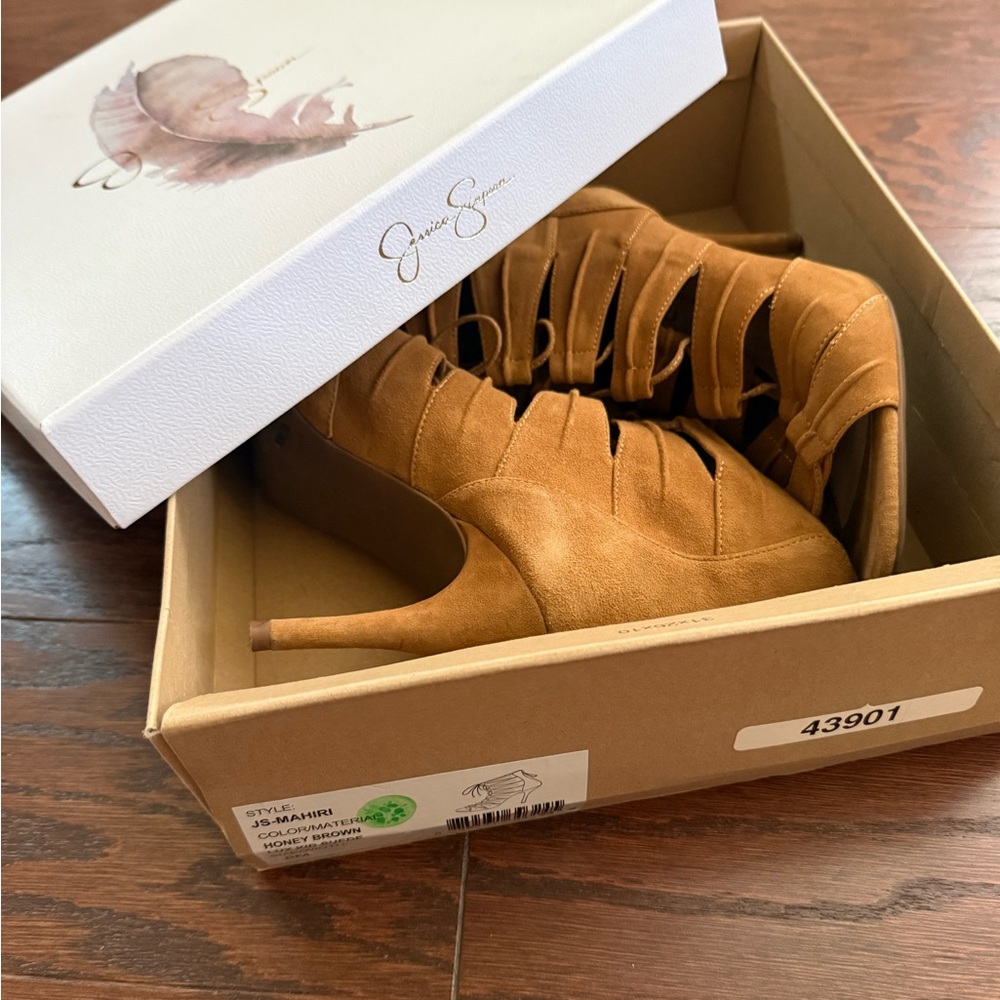 Jessica Simpson Honey Brown Lux Suede Heeled Sandals - Picture 2 of 5